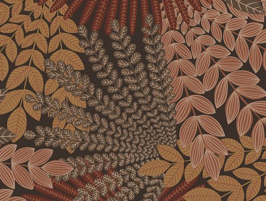 Обои Velvet Leaves украшает эффектный плотный узор в теплых осенних оттенках коричневого, желтого и рыжевато-красного, изображающий веера из стилизованных экзотических листьев. Темный рисунок создает необычную атмосферу и неизменно привлекает внимание. Купить обои в магазинах О-Дизайн., Treasured, Обои для кабинета, Обои для спальни
