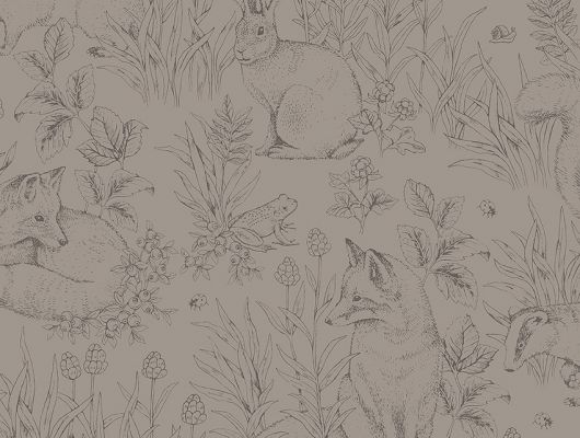 Заказать флизелиновые обои из Швеции коллекция Newbie от Borastapeter, с рисунком под названием Forest Friends – Лесные друзья. На рисунке отдыхающие на полянке заяц, барсук, лисичка, белочка и лягушка нарисованные тонкими линиями., Newbie Wallpaper, Обои для спальни