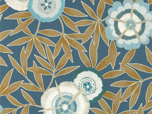 Обои в коридор арт. 112160 дизайн Komovi  из коллекции Salinas от Harlequin, Великобритания с рисунком стилизованных цветов и листьев на темно-синем фоне купить в Москве недорого, Salinas, Обои для гостиной, Обои для спальни