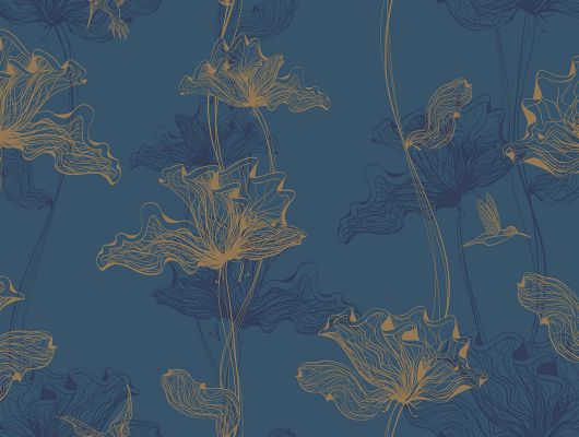 Флизелиновые широкие обои с цветочным узором в стиле Ар-Нуво бронзой по синему фону для спальни., Ambient, Обои для спальни