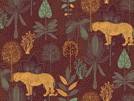 Широкие обои для комнаты мальчика с леопардами в джунглях . Рисунок "Safari" выполнен в желтом и коричневом цвете., Bon Voyage
