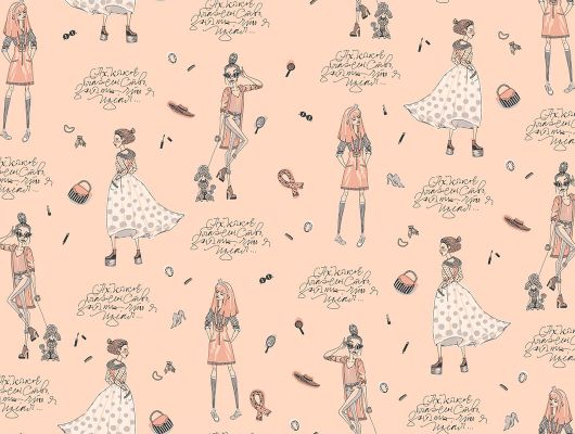 Модные молодежные дизайнерские обои с цитатой из Мери Поппинс в персиковом, оттенками  розового для детской, Bon Voyage