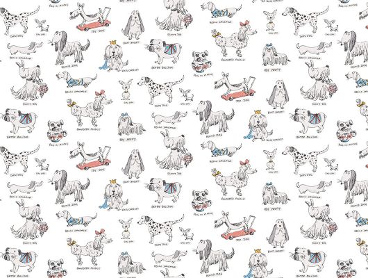 Флизелиновые обои в детскую "Dandy  с рисунками собак и шуточными надписями на белом фоне из коллекции Bon Voyage, Bon Voyage
