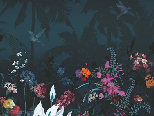 Большое панно "Tropical Meadow" арт.ETD2 011, из коллекции Etude, на стену с изображением ночного  тропического цветочного рая  в ночной сезон  , купить в интернет-магазине, Etude, Индивидуальное панно, Обои для гостиной, Обои для спальни, Фотообои