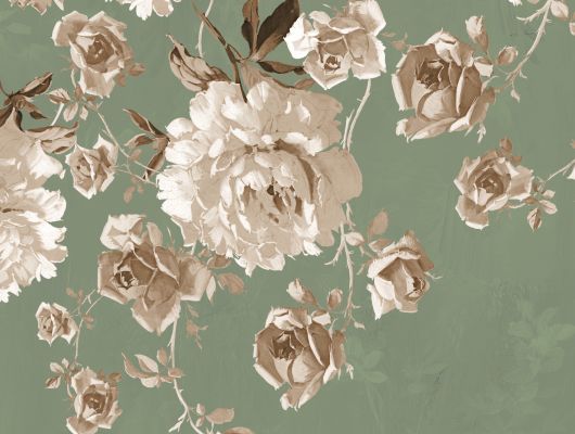 Бежевые розы на зеленом фоне на панно-фреске арт.ETD3 005/1 в интерьере спальни, Etude, Индивидуальное панно, Обои для спальни, Фотообои