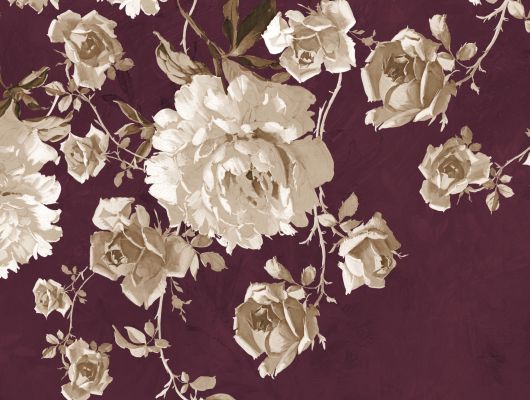 Фактурное панно "Blooming Garden" c розами на бордовом фоне в интерьере спальни, Etude, Индивидуальное панно, Обои для спальни, Фотообои
