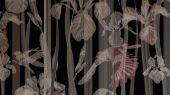 Фрагмент панно на стену под ткань с цветами ирисов и птиц на темном фоне