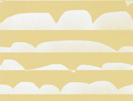 Выбрать обои для ремонта квартиры арт. 112012 дизайн Haiku из коллекции Zanzibar от Scion, Великобритания с  принтом в виде графических облаков белого цвета на горчичном фоне на сайте Odesign.ru, Zanzibar, Обои для гостиной, Обои для спальни