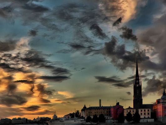 Фотопанно "Горизонт Стокгольма" с изображением контраста вечерней Шведской столицы., Creativity & Photo Art, Архив, Обои для гостиной, Распродажа, Распродажные фотообои, Фотообои
